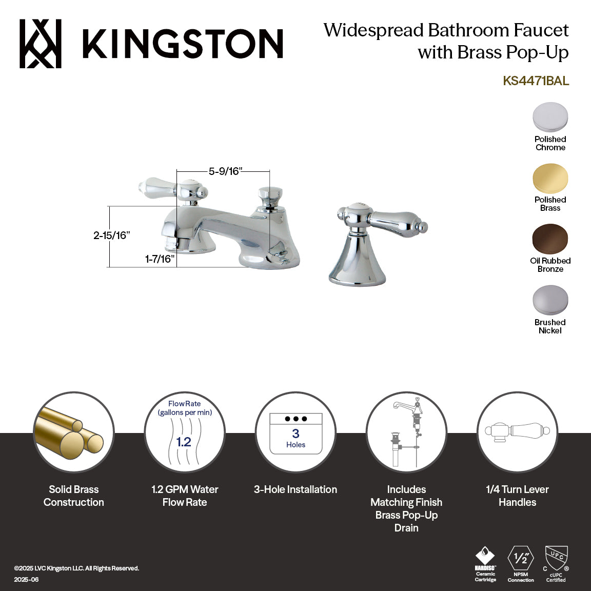 Kingston Tulare KS4471BALTwo-Handle 3-Hole Deck Mount Widespread Bathroom Faucet with Brass Pop-Up, Polished Chrome — thumbnail 2